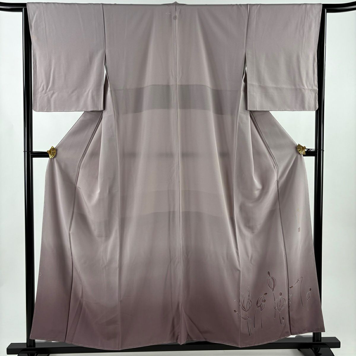 【美品】 付下 身長156.5cm 袖長64.5cm M 雙層 落款 草花紋紋 裾暈染 灰紫 純蠶絲 秀品級 一つ紋