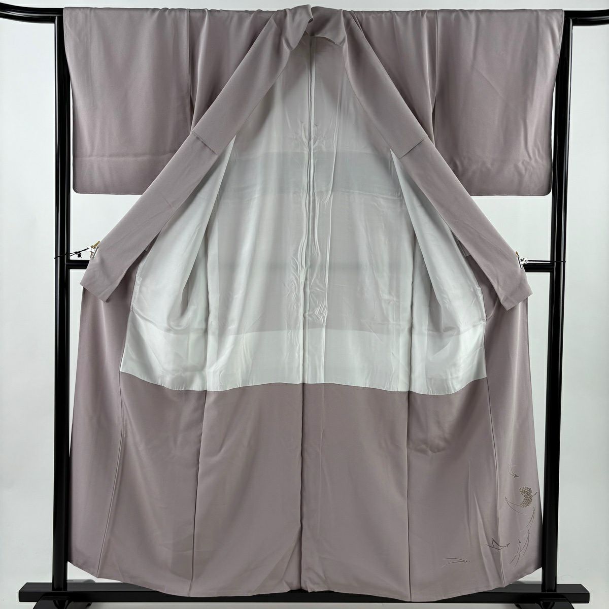 【美品】 付下 身長156.5cm 袖長64.5cm M 雙層 落款 草花紋紋 裾暈染 灰紫 純蠶絲 秀品級 一つ紋