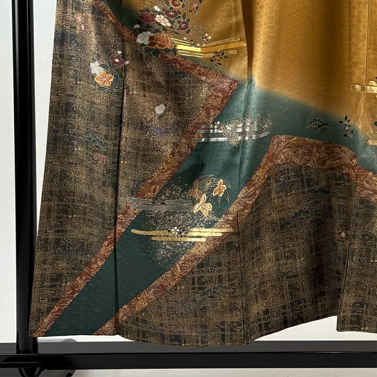 訪問服 身長154cm 袖長64.5cm M 雙層 草花紋紋 霞 刺繡 金銀彩 山吹茶 純蠶絲 秀品級