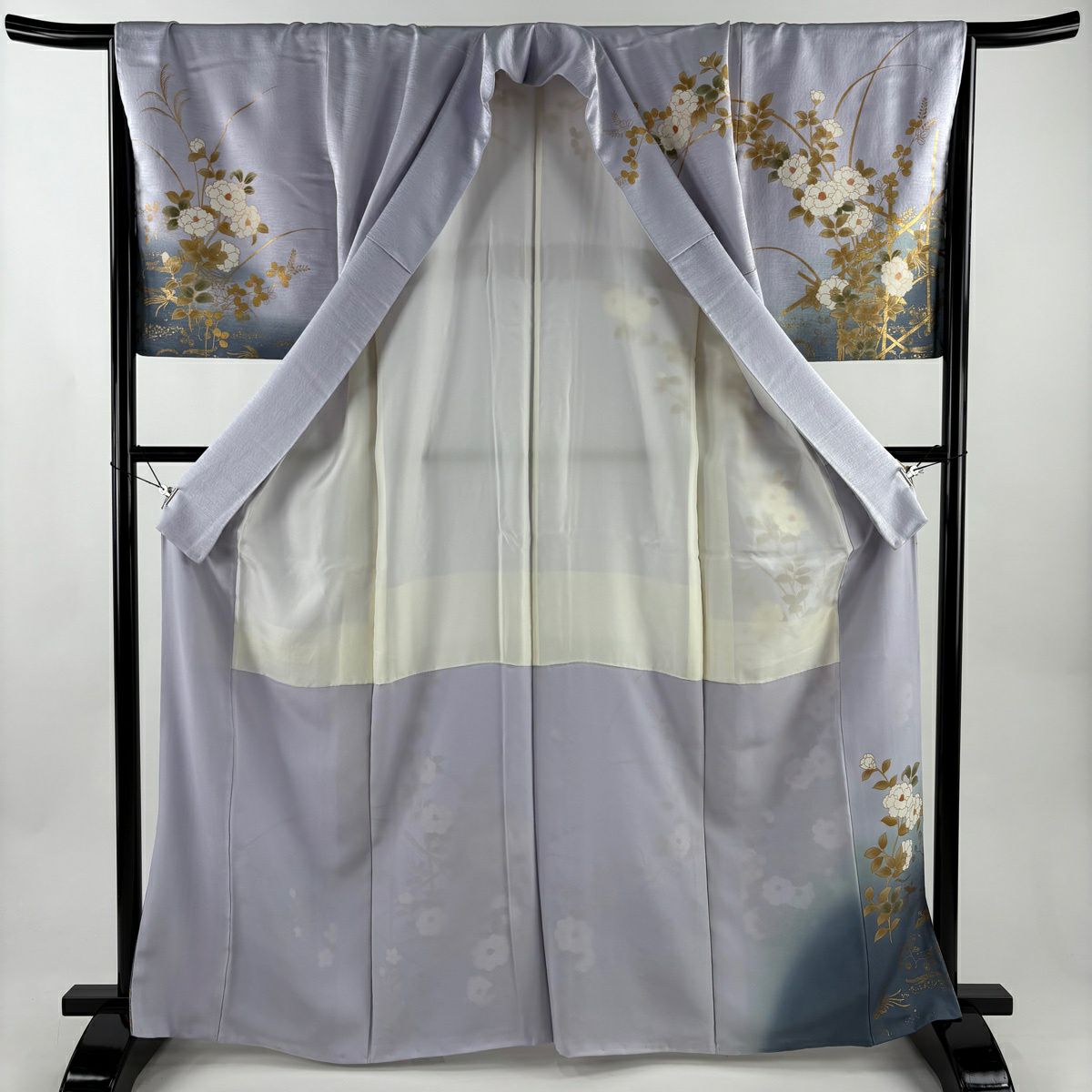 訪問服 身長165cm 袖長66.5cm M 雙層 椿 桔梗 金絲 金銀彩 淺紫 純蠶絲 秀品級 一個紋