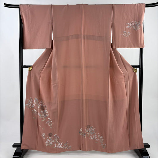 付下 身長160cm 袖長67cm M 雙層 雪輪 草花紋刺繡 銀線 粉紅 純蠶絲 優品級