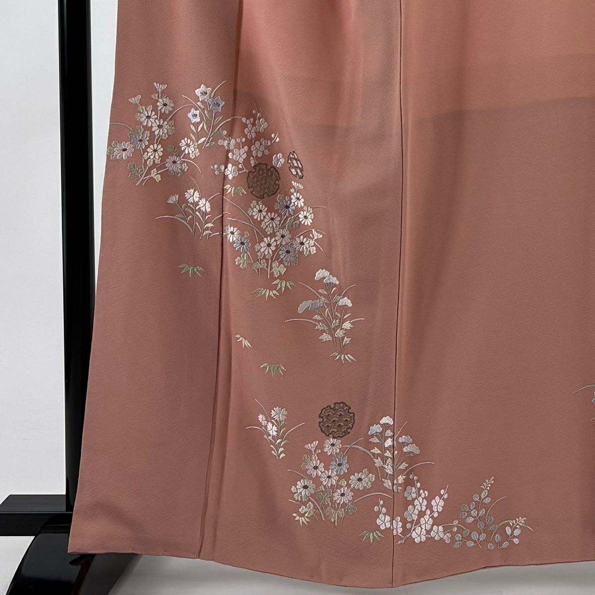 付下 身長160cm 袖長67cm M 雙層 雪輪 草花紋刺繡 銀線 粉紅 純蠶絲 優品級
