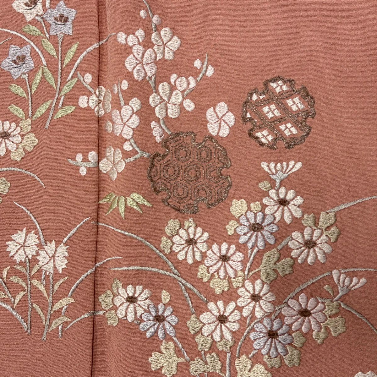 付下 身長160cm 袖長67cm M 雙層 雪輪 草花紋刺繡 銀線 粉紅 純蠶絲 優品級