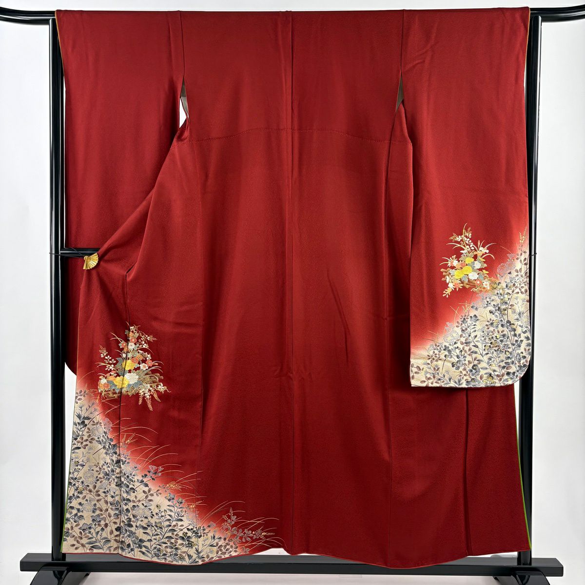 振袖禮服 身長155.5cm 袖長65cm M 雙層 鈴乃屋 花筏 秋草 金銀彩 染分 茜 純蠶絲 秀品級