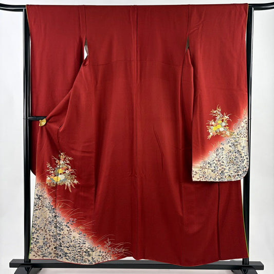 振袖禮服 身長155.5cm 袖長65cm M 雙層 鈴乃屋 花筏 秋草 金銀彩 染分 茜 純蠶絲 秀品級
