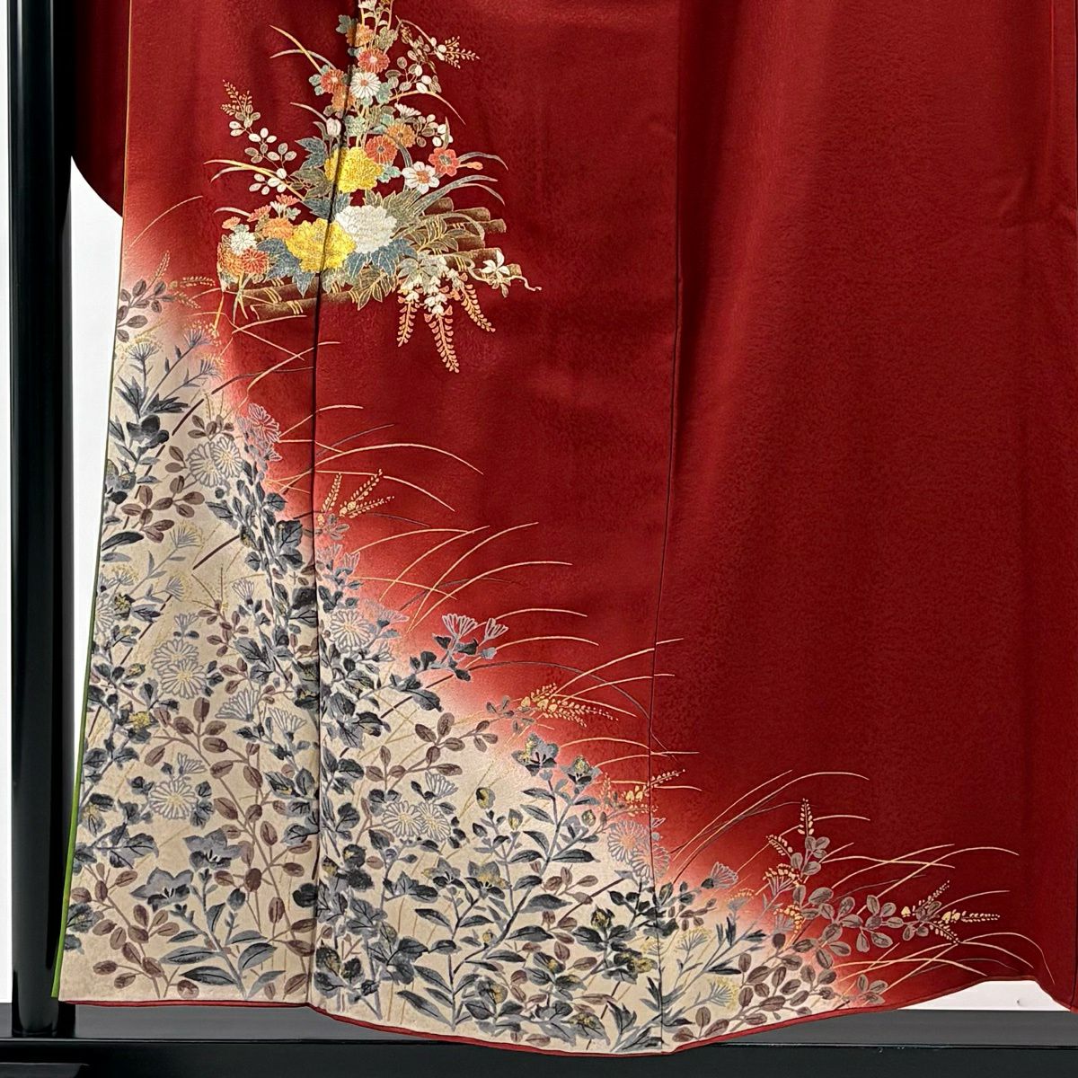 振袖禮服 身長155.5cm 袖長65cm M 雙層 鈴乃屋 花筏 秋草 金銀彩 染分 茜 純蠶絲 秀品級