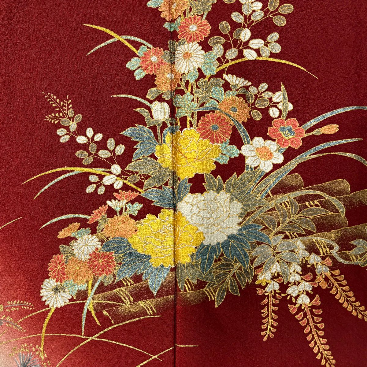 振袖禮服 身長155.5cm 袖長65cm M 雙層 鈴乃屋 花筏 秋草 金銀彩 染分 茜 純蠶絲 秀品級
