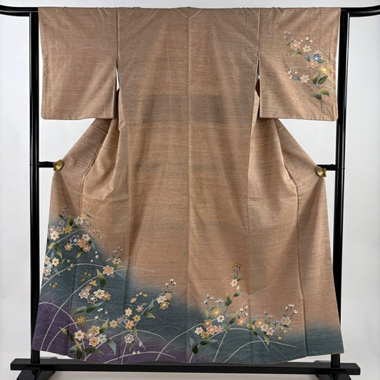 【美品】 付下 身長155cm 袖長63cm S 雙層 紬織織 草花紋紋 染分 ぼかし 粉色米色 純蠶絲 優品級