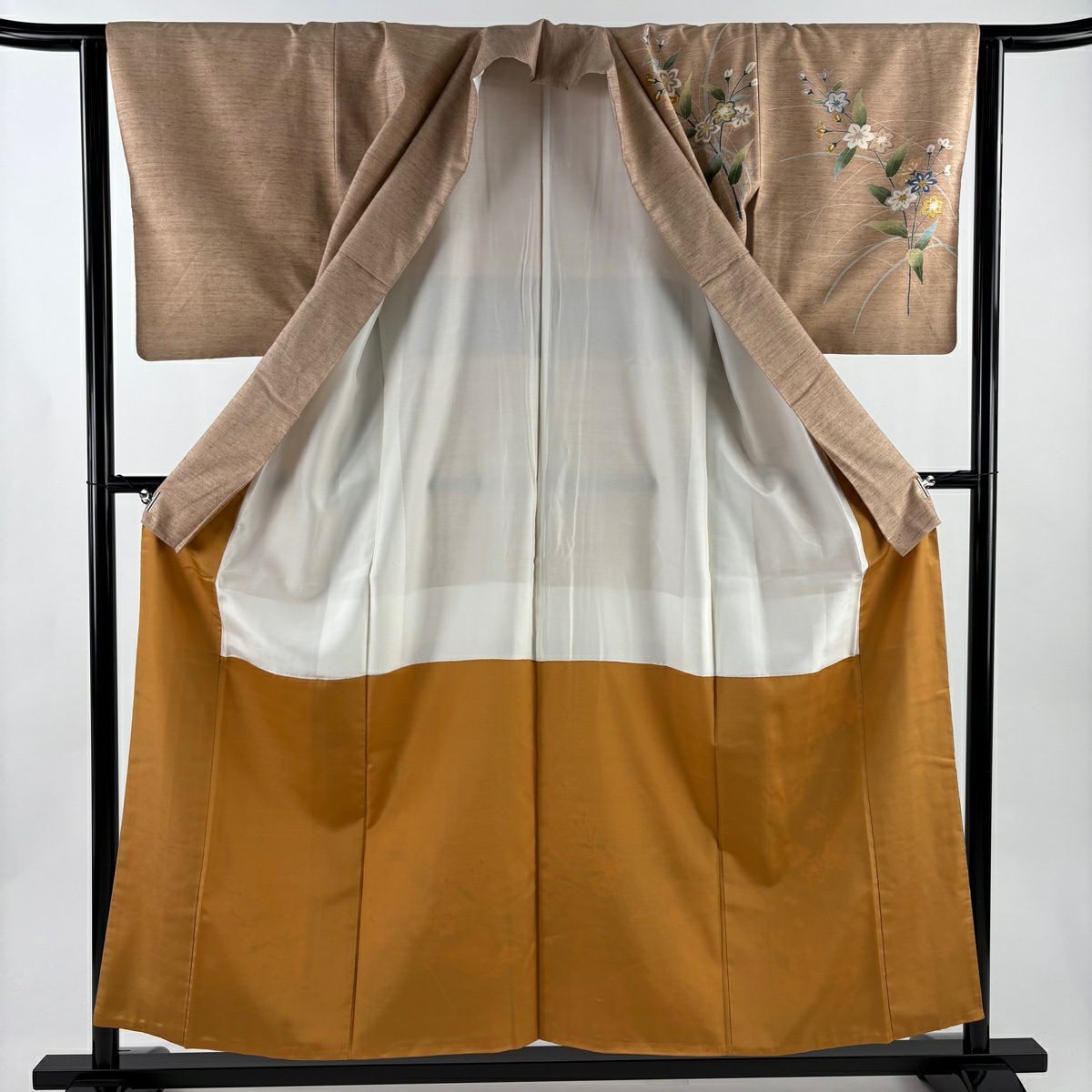 【美品】 付下 身長155cm 袖長63cm S 雙層 紬織織 草花紋紋 染分 ぼかし 粉色米色 純蠶絲 優品級