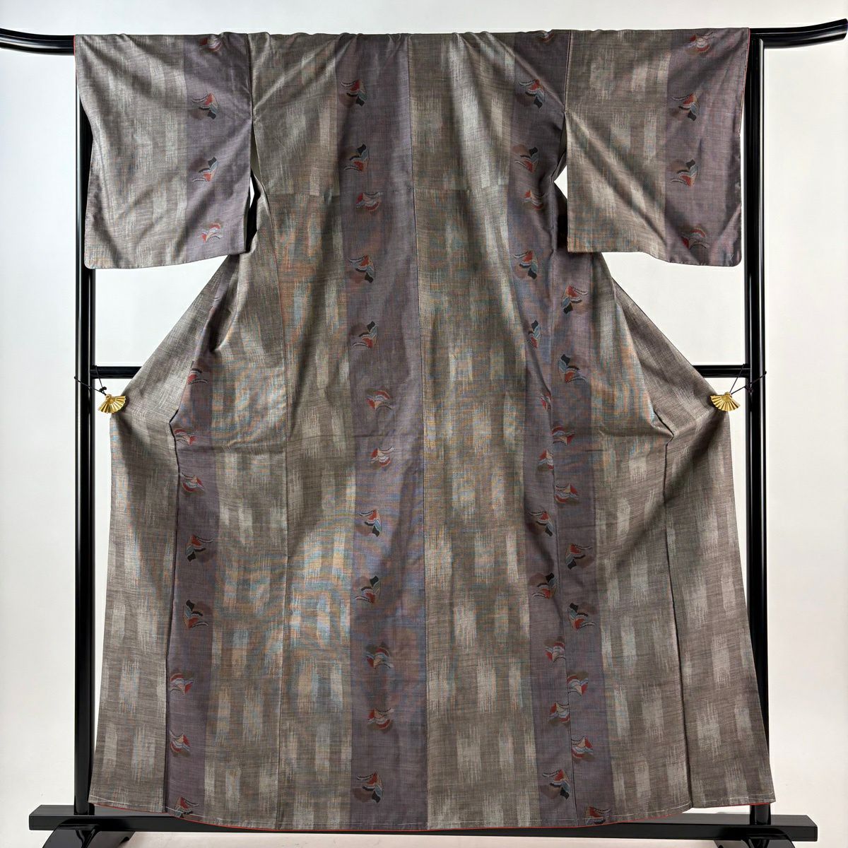 【美品】 紬織 身長159.5cm 袖長65cm M 雙層 縱條 幾何圖案 茶 純蠶絲 優品級