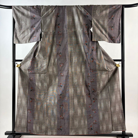 【美品】 紬織 身長159.5cm 袖長65cm M 雙層 縱條 幾何圖案 茶 純蠶絲 優品級