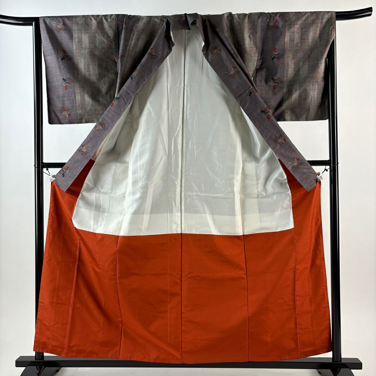 【美品】 紬織 身長159.5cm 袖長65cm M 雙層 縱條 幾何圖案 茶 純蠶絲 優品級