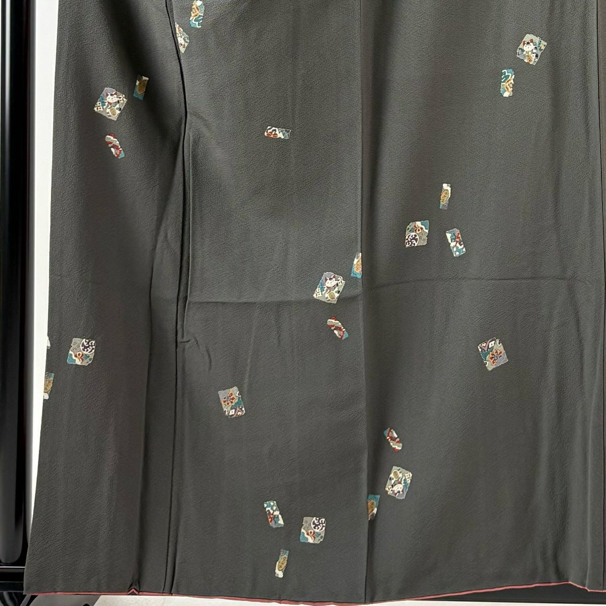小紋 身長158cm 袖長66cm M 雙層 破れ色紙 招財貓 金彩裝飾 墨 純蠶絲 秀品級