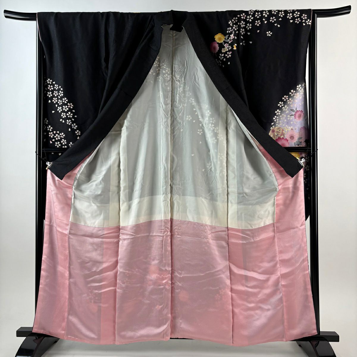 【美品】振袖禮服 身長159.5cm 袖長65.5cm M 雙層 手鞠 櫻花 金金箔 金銀彩 黑 純蠶絲 秀品級