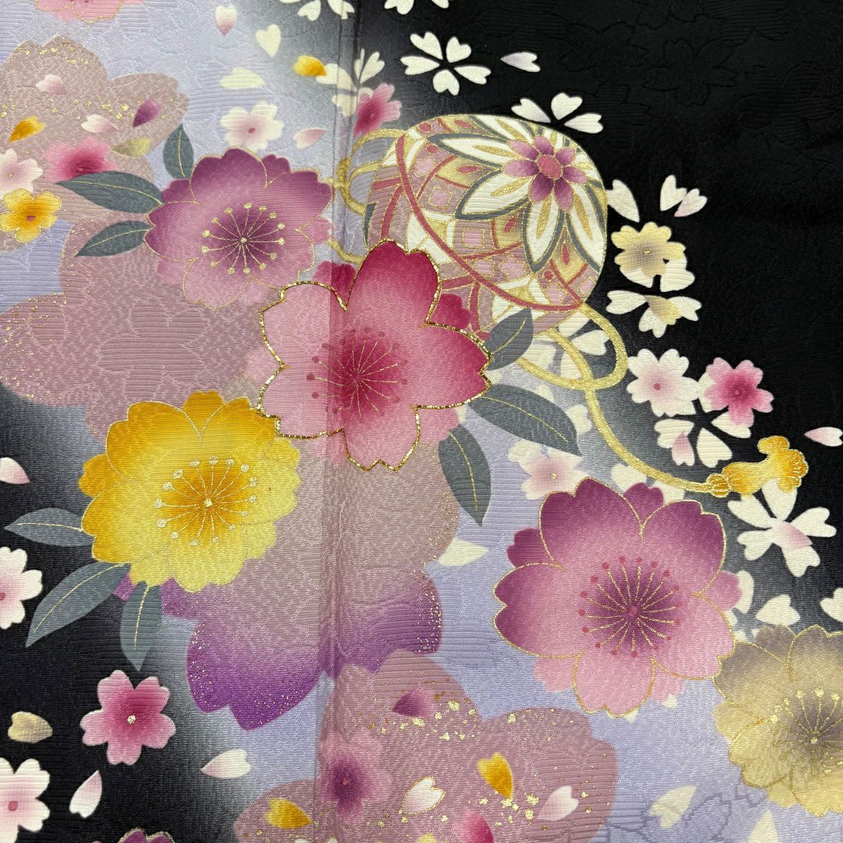 【美品】振袖禮服 身長159.5cm 袖長65.5cm M 雙層 手鞠 櫻花 金金箔 金銀彩 黑 純蠶絲 秀品級