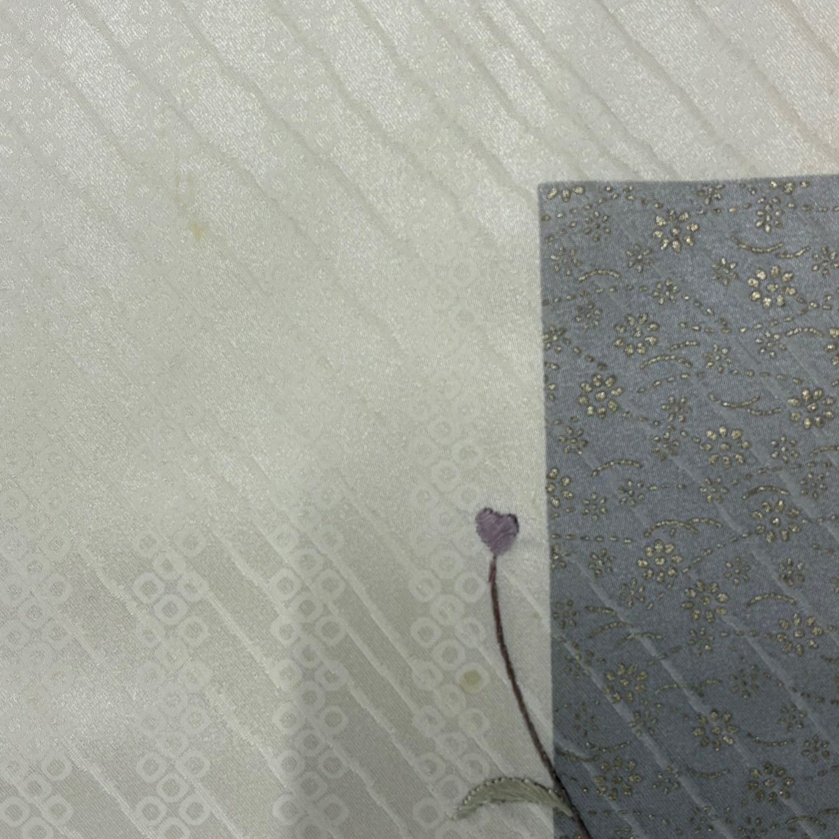 付下 身長156cm 袖長64.5cm M 雙層 短冊 椿 刺繡 金線 奶油色 純蠶絲 優品級