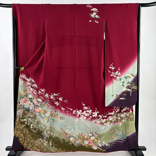 振袖禮服 身長158cm 袖長66cm M 雙層 花籠 波 金金箔 刺繡 深紅 純蠶絲 秀品級