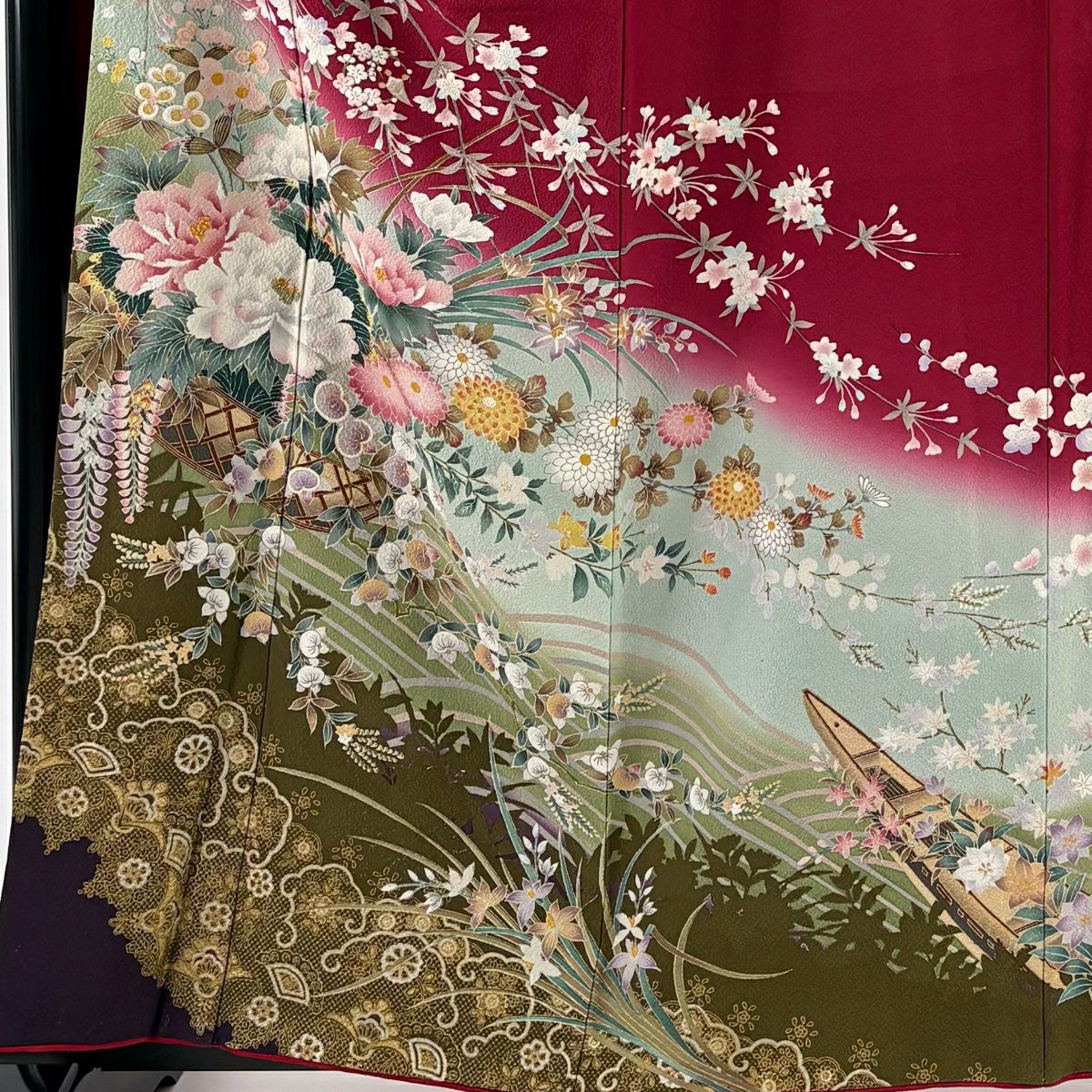 振袖禮服 身長158cm 袖長66cm M 雙層 花籠 波 金金箔 刺繡 深紅 純蠶絲 秀品級
