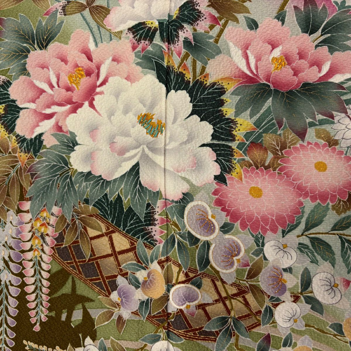 振袖禮服 身長158cm 袖長66cm M 雙層 花籠 波 金金箔 刺繡 深紅 純蠶絲 秀品級