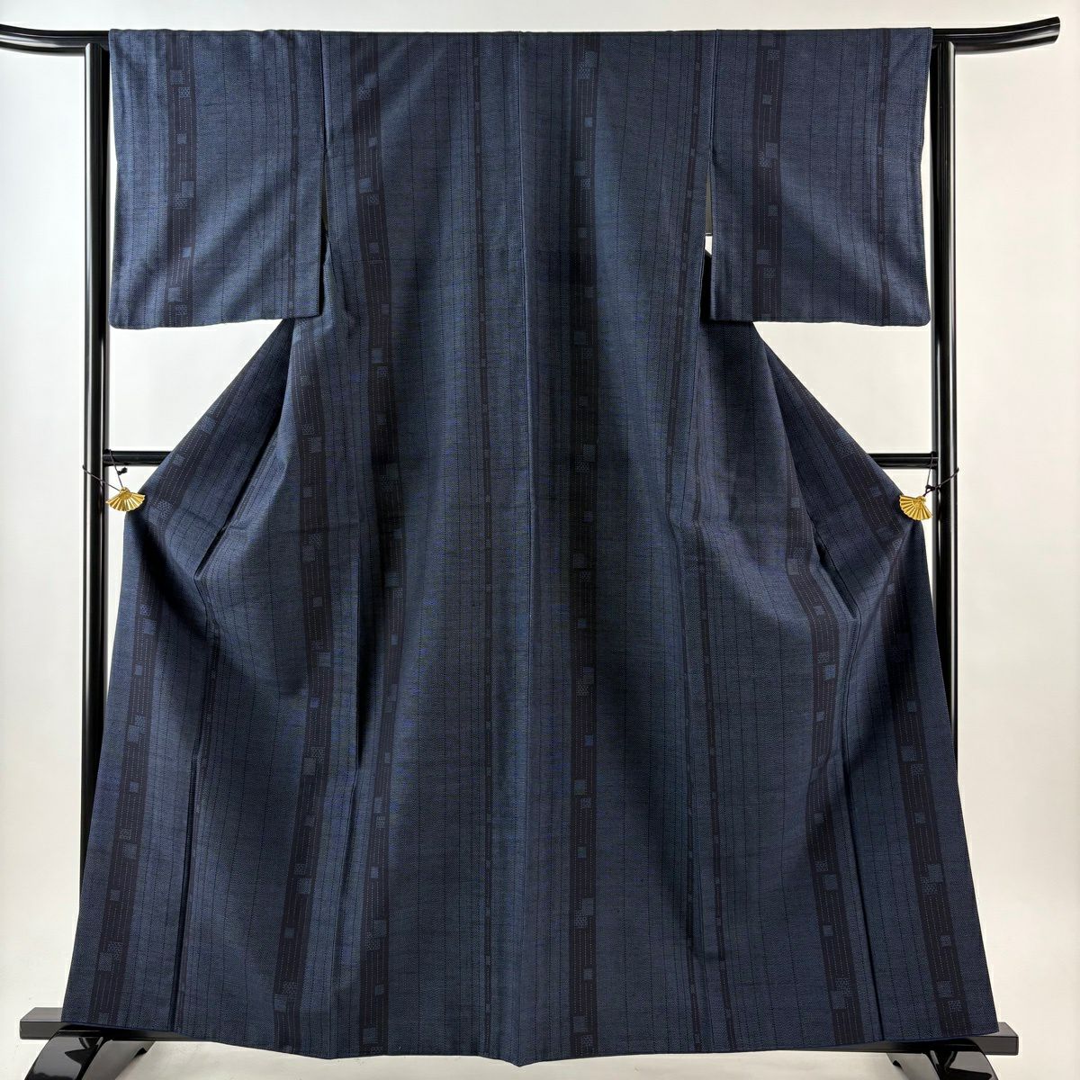 【美品】 紬織 身長161cm 袖長62cm S 雙層 垂直條紋 幾何圖案 深藍 純蠶絲 優品級