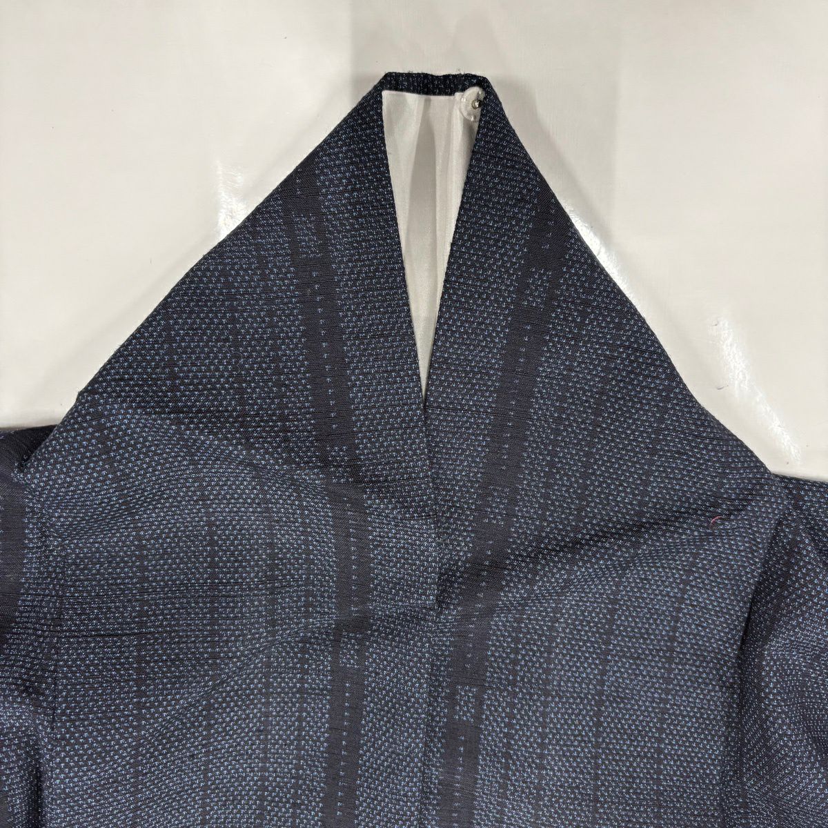 【美品】 紬織 身長161cm 袖長62cm S 雙層 垂直條紋 幾何圖案 深藍 純蠶絲 優品級