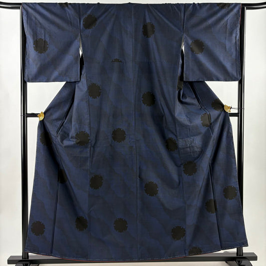 【美品】 大島紬織 身長158.5cm 袖長65cm M 雙層 證書附帶 雪輪 霞 深藍 純蠶絲 優品級