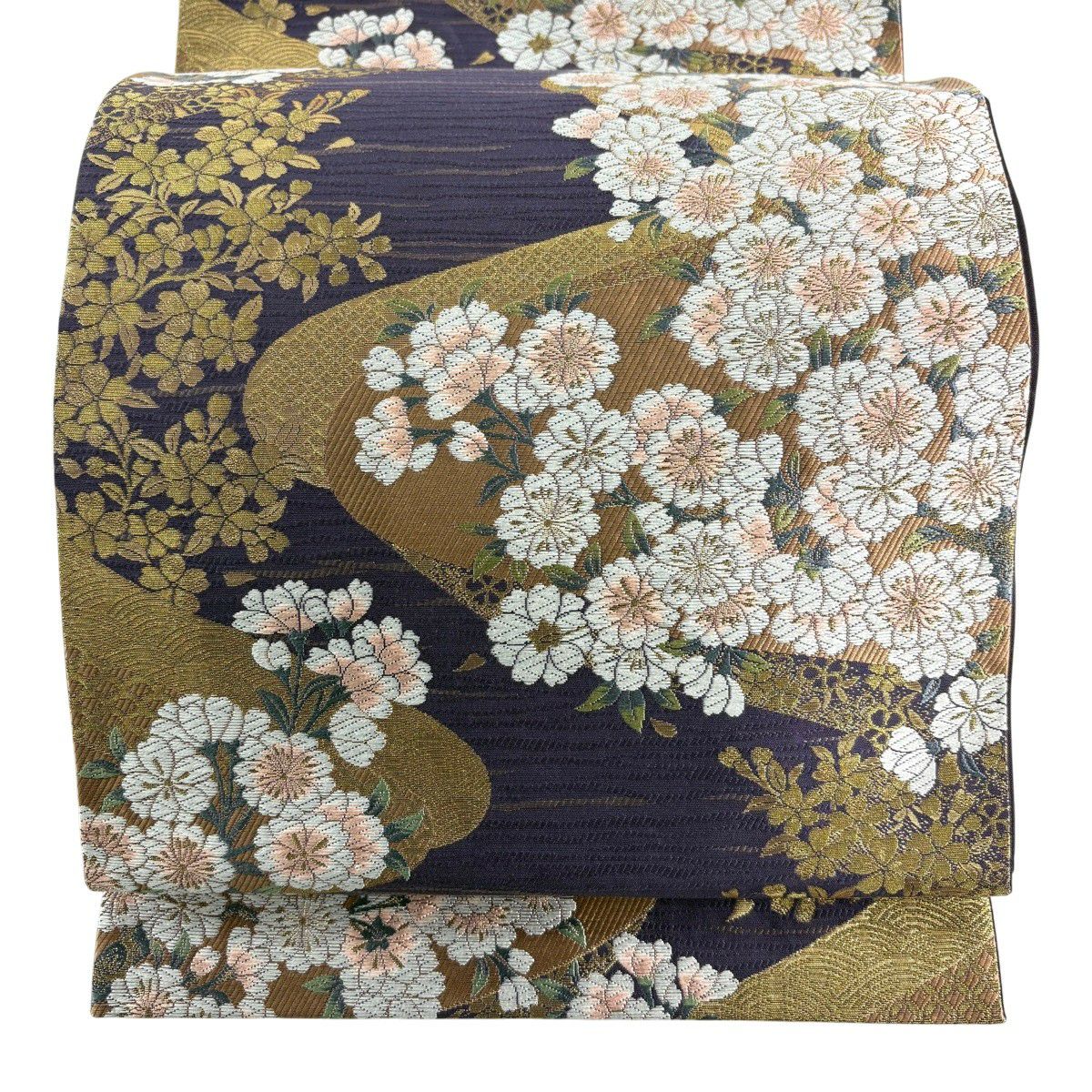 【美品】 袋帶 秀品級 鈴乃屋 櫻 金金箔 唐織 紫 六通 純蠶絲