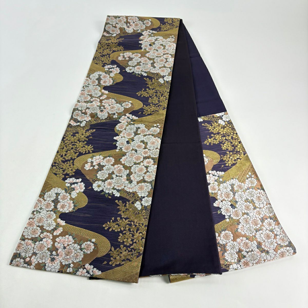 【美品】 袋帶 秀品級 鈴乃屋 櫻 金金箔 唐織 紫 六通 純蠶絲
