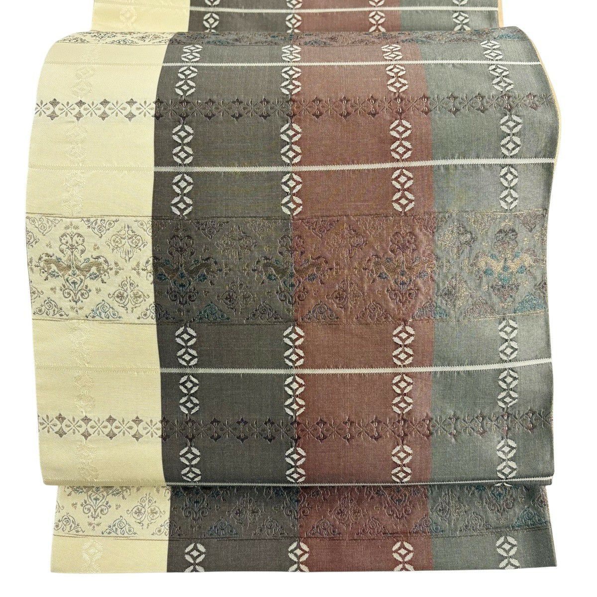 【美品】 袋帶 秀品級 段紋 七寶 金絲 茶綠 全通 純蠶絲