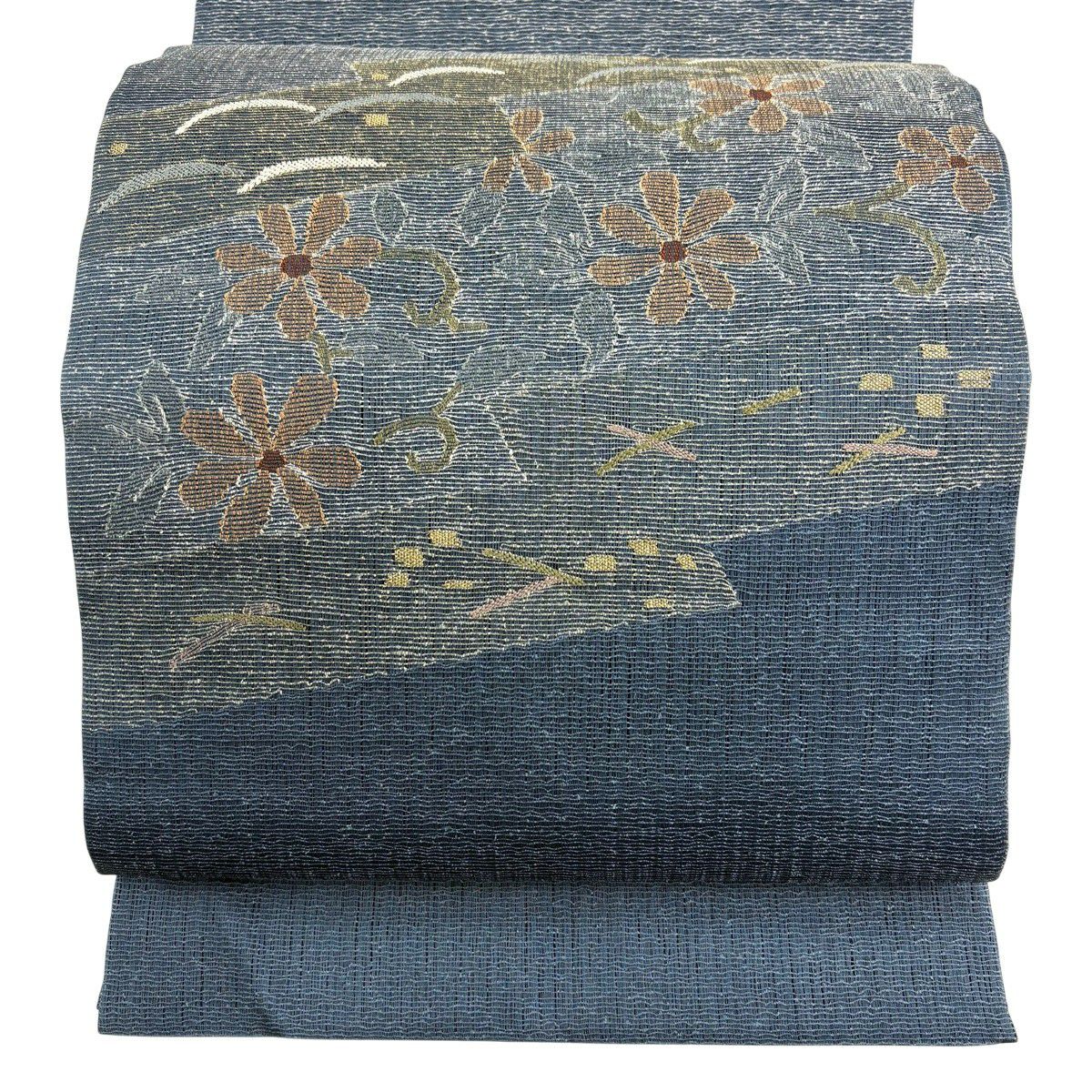 【美品】 袋帶 秀品級 草花紋紋 芝 金絲 青灰 深藍