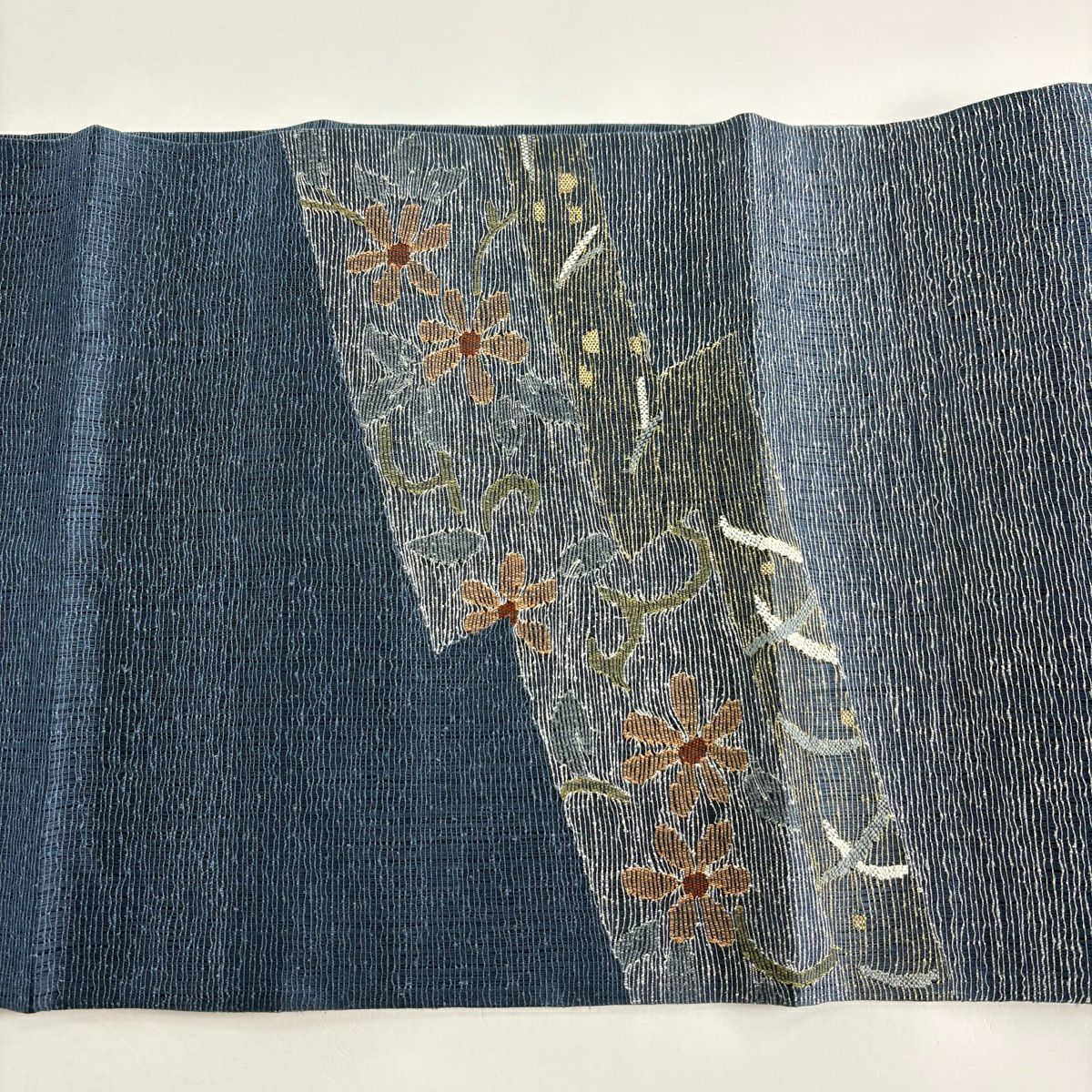 【美品】 袋帶 秀品級 草花紋紋 芝 金絲 青灰 深藍