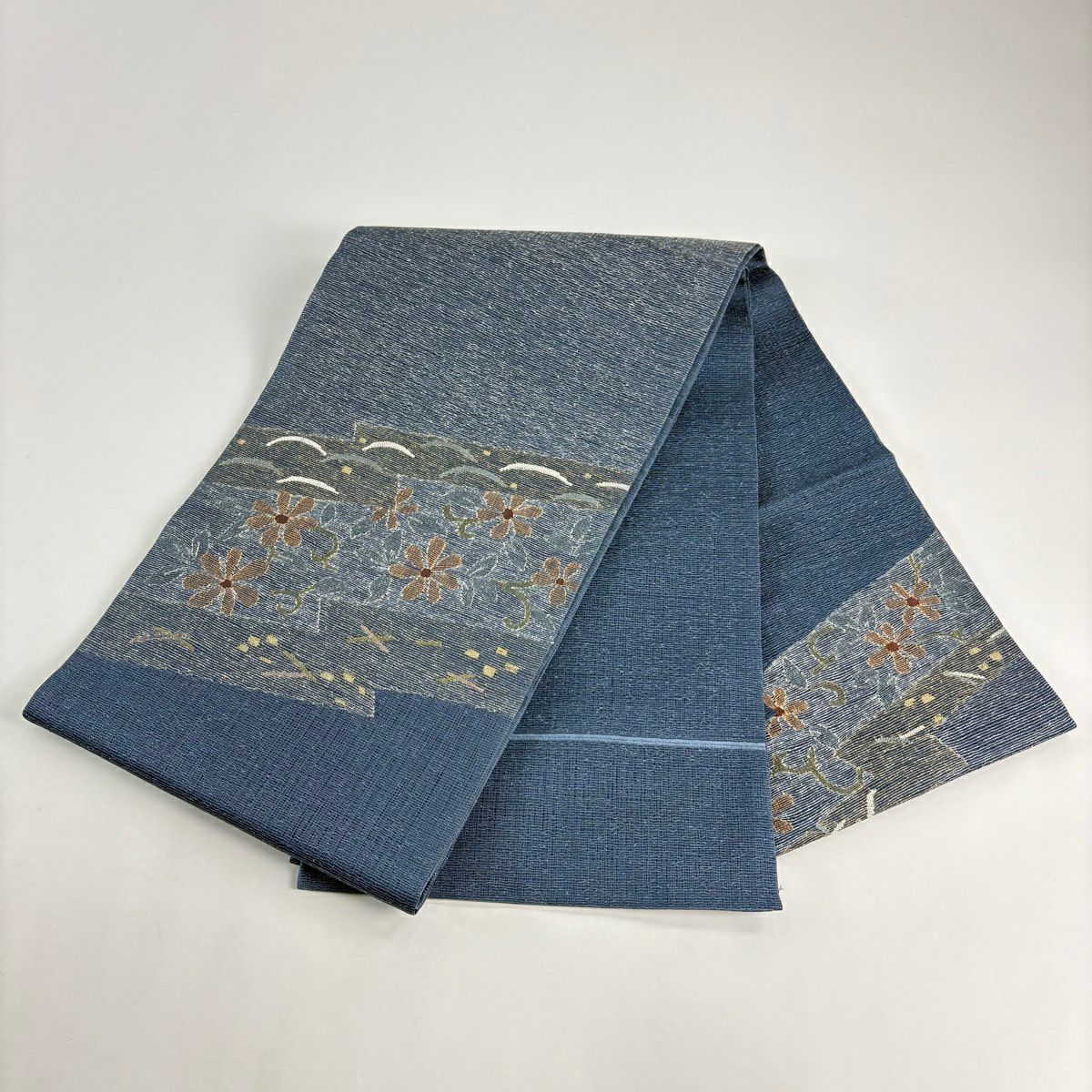 【美品】 袋帶 秀品級 草花紋紋 芝 金絲 青灰 深藍