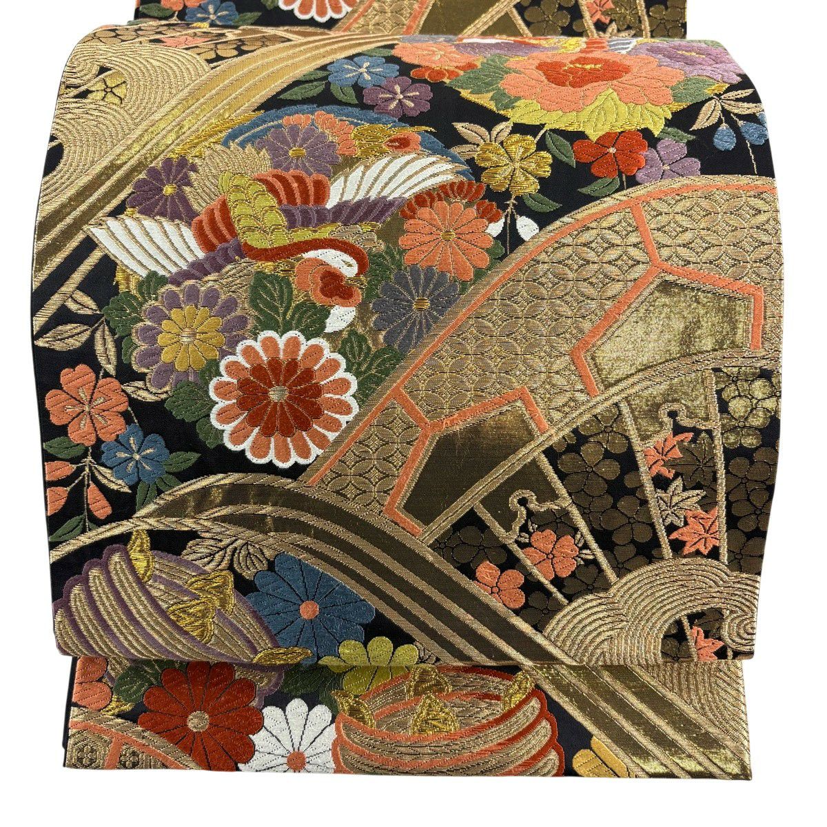 【美品】 袋帶 秀品級 花鳥 片輪車 金絲 唐織 黑 六通 純蠶絲