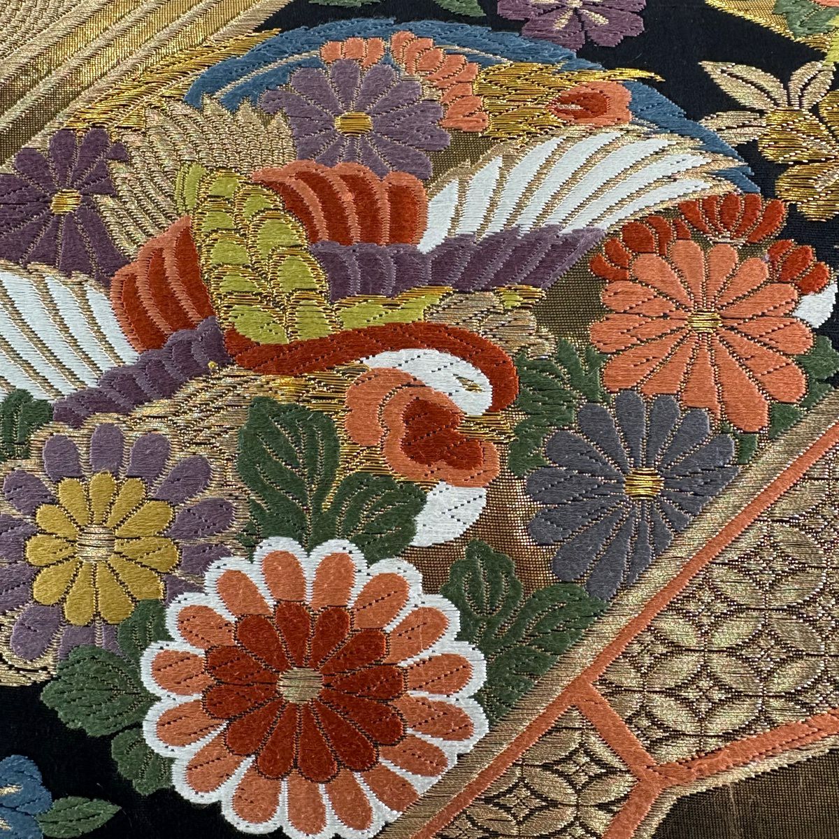 【美品】 袋帶 秀品級 花鳥 片輪車 金絲 唐織 黑 六通 純蠶絲