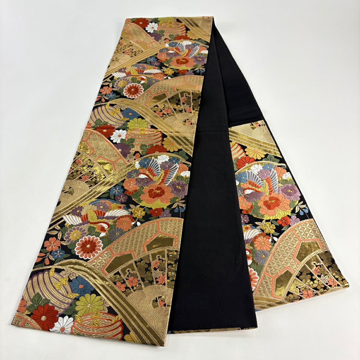 【美品】 袋帶 秀品級 花鳥 片輪車 金絲 唐織 黑 六通 純蠶絲