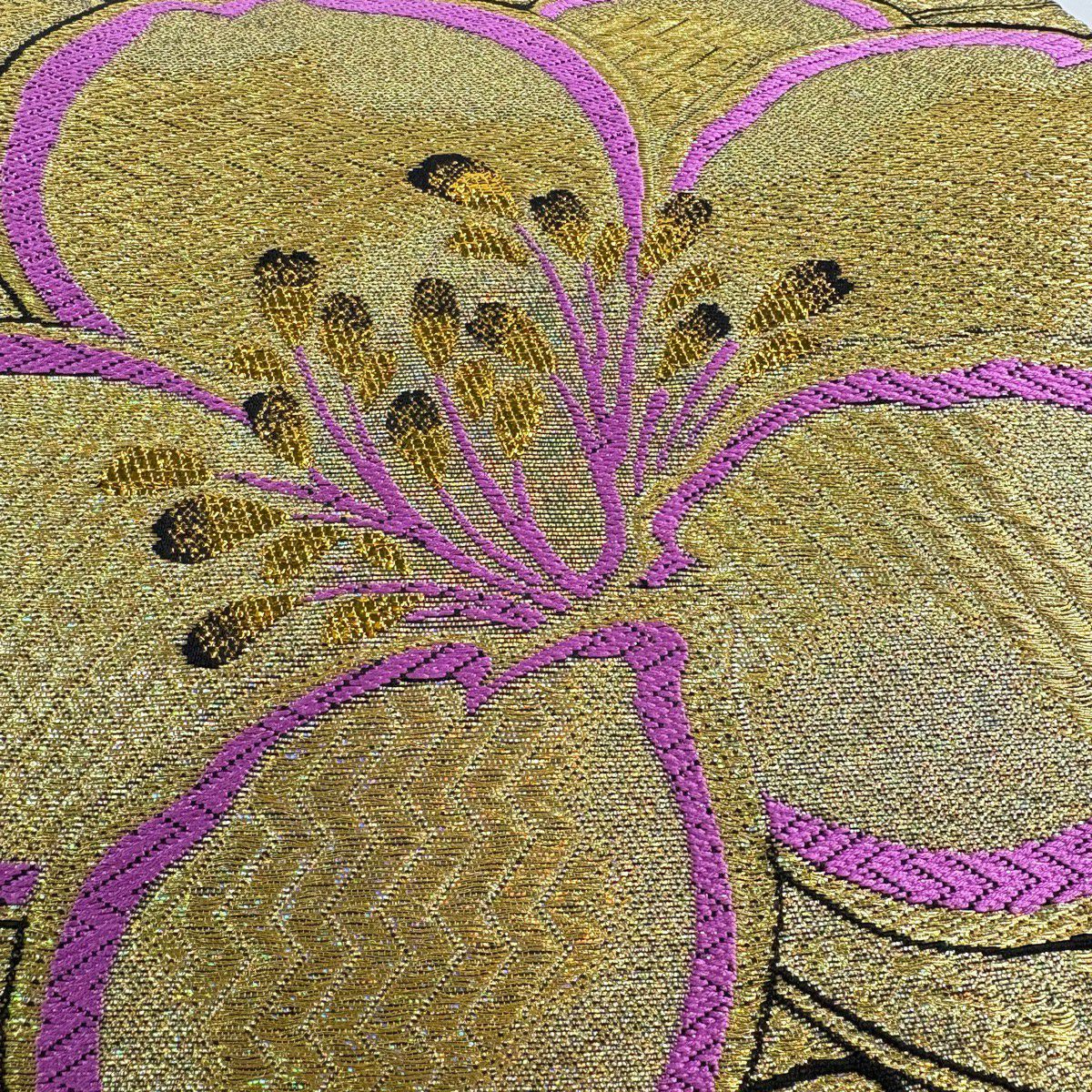 【美品】 袋帶 秀品級 振袖禮服禮服用 櫻花 金絲 金金箔 金色 六通 純蠶絲