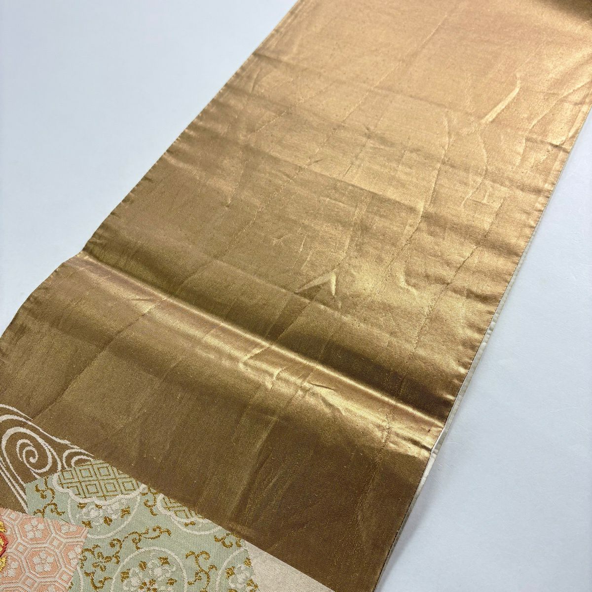 袋帶 秀品級 色紙 華紋 金絲 金金箔 米色 六通 純蠶絲