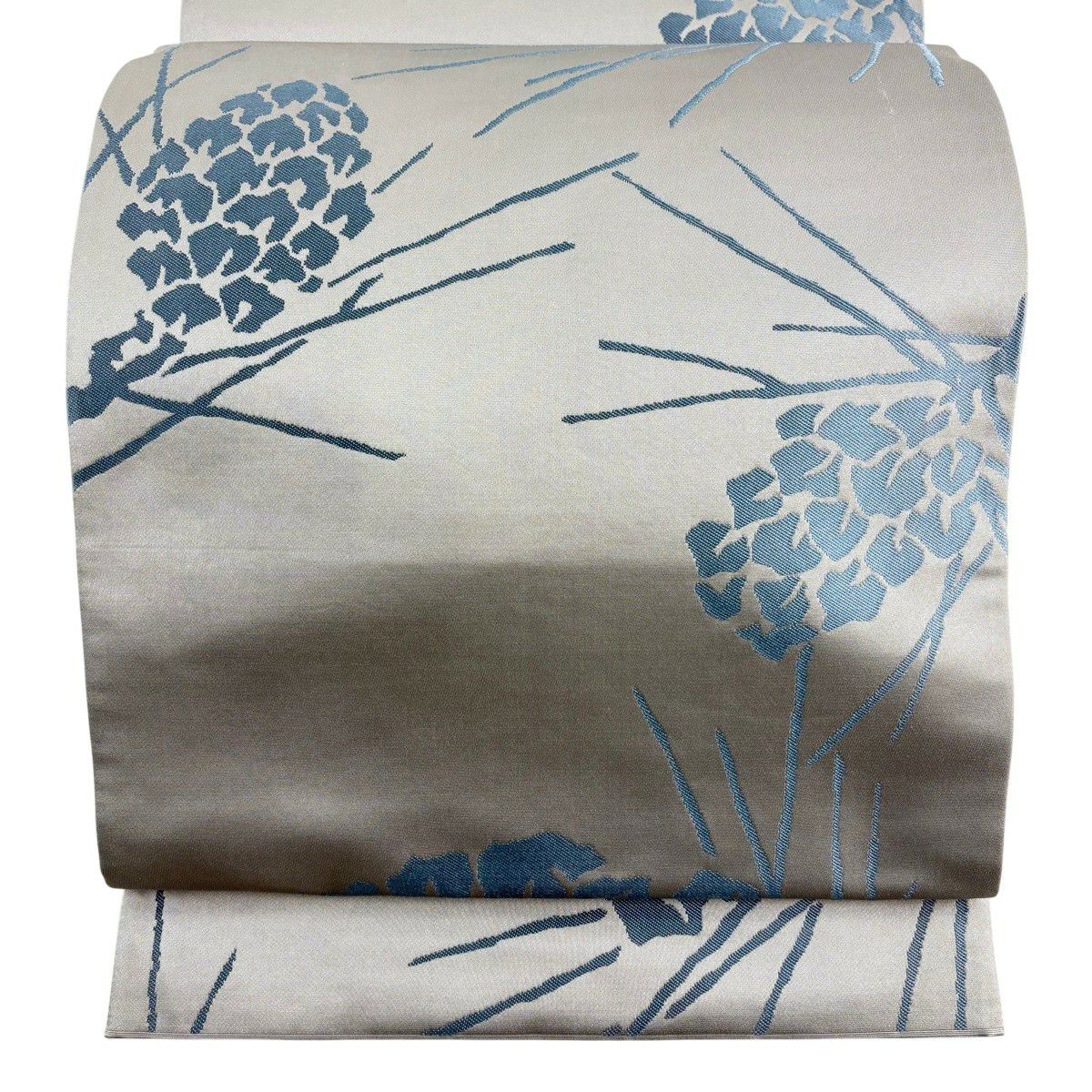 【美品】 袋帶 秀品級 松樹笠 灰色 六通 純蠶絲