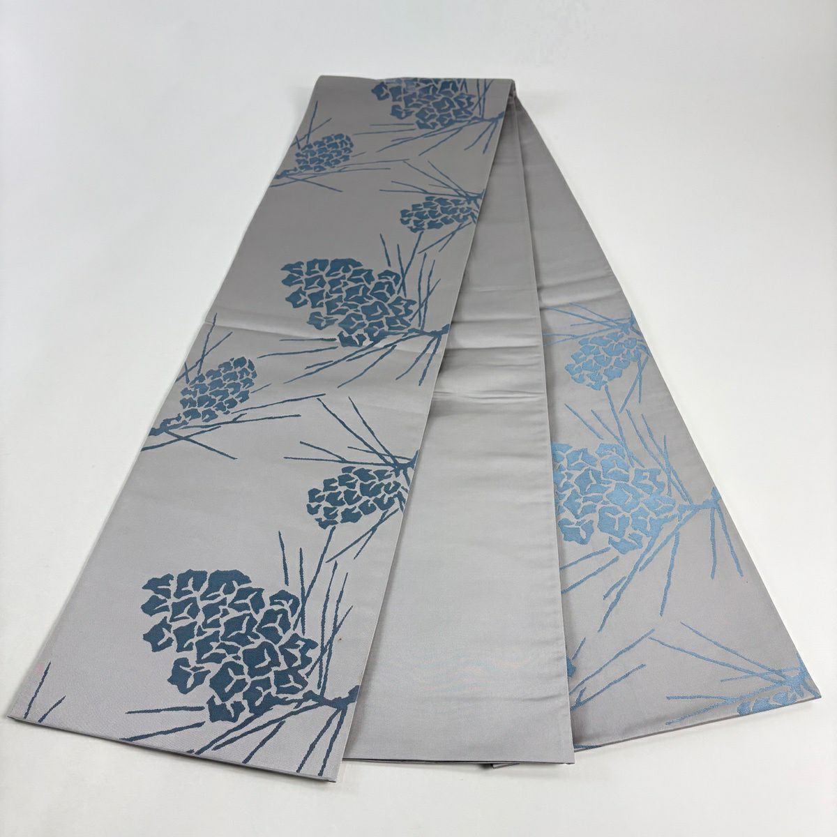 【美品】 袋帶 秀品級 松樹笠 灰色 六通 純蠶絲