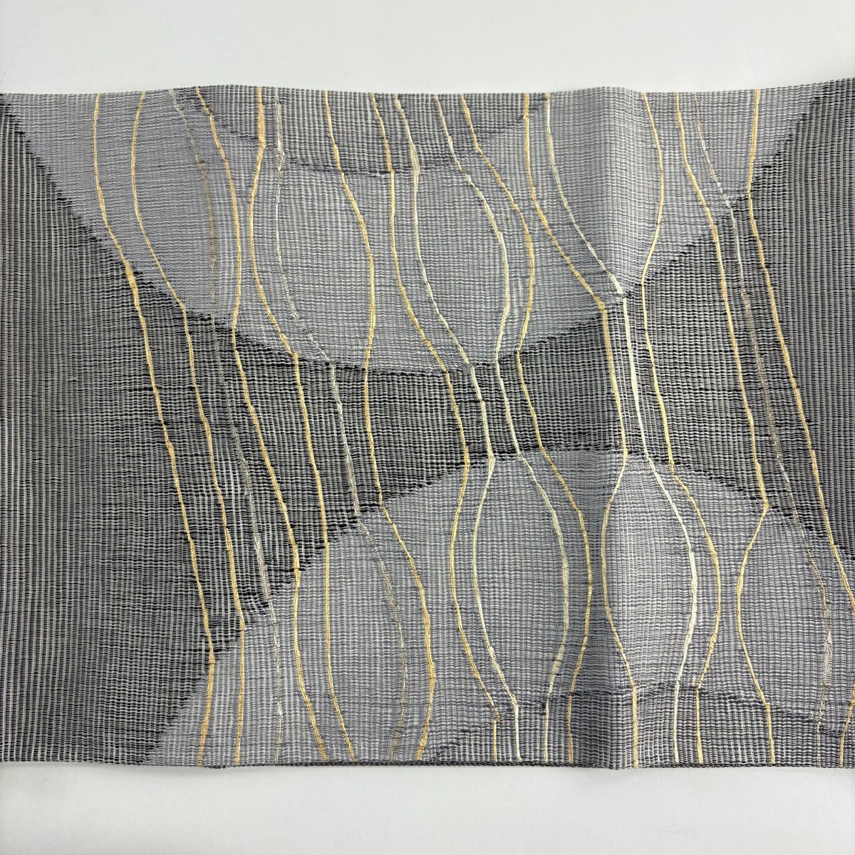 【美品】 袋帶 秀品級 夏帶 絽 幾何學 金金箔 黑灰 お太鼓圖案 純蠶絲