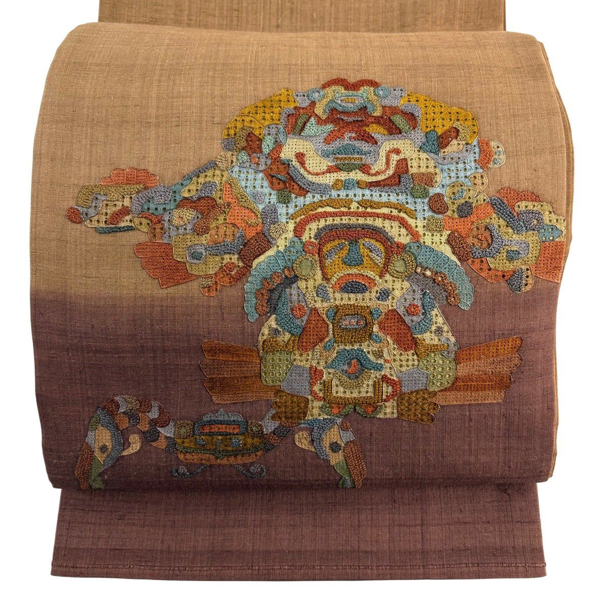 【美品】 袋帶 秀品級 紬織織 器物紋 刺繡 茶 お太鼓圖案 純蠶絲