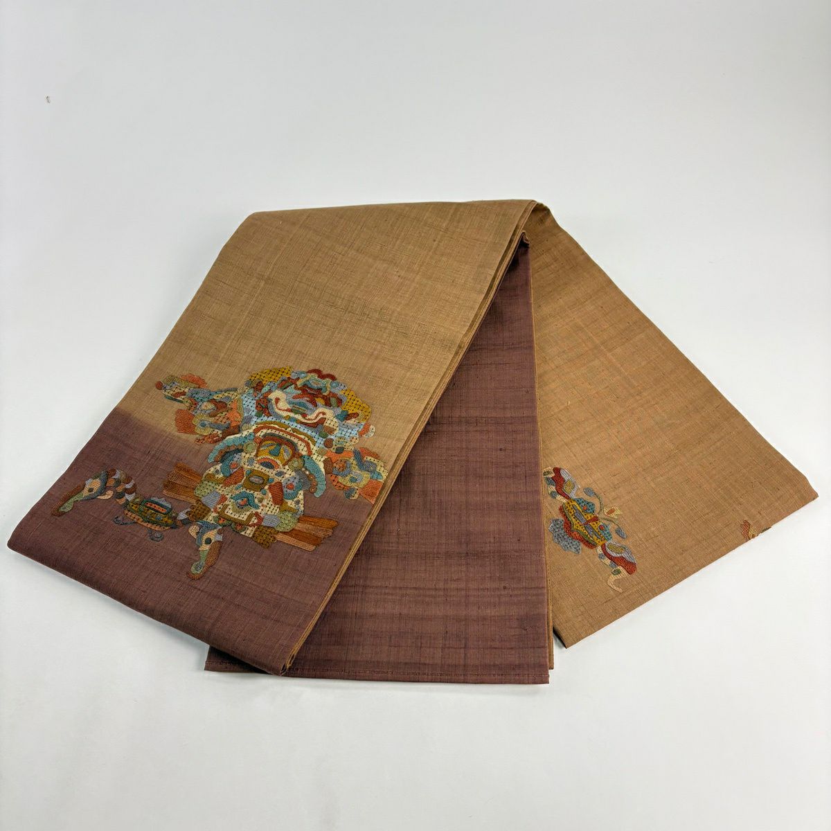 【美品】 袋帶 秀品級 紬織織 器物紋 刺繡 茶 お太鼓圖案 純蠶絲