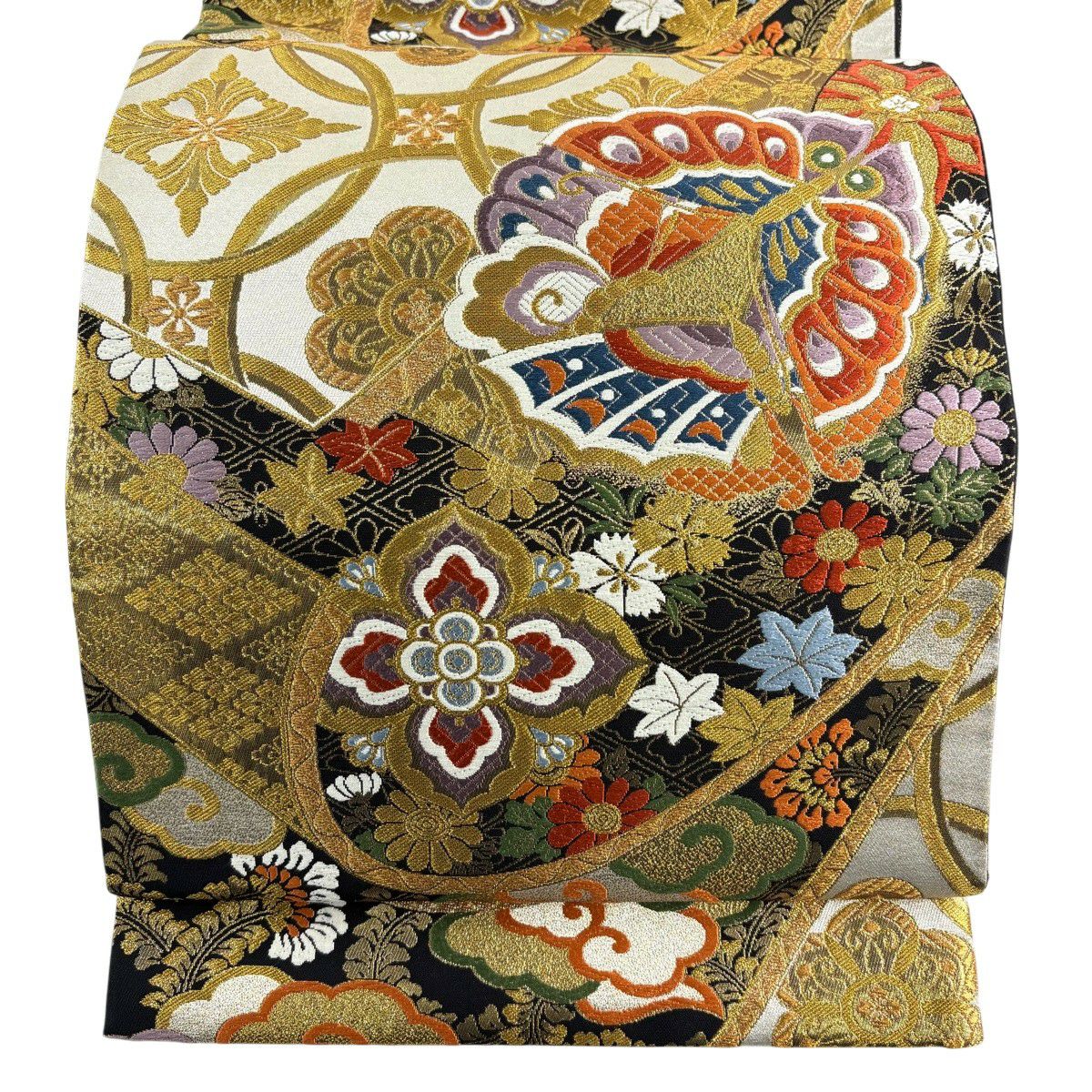 【美品】 袋帶 秀品級 能裳唐彩錦織 振袖禮服禮服用 華紋 蝶 金絲 唐織 黑 六通 純蠶絲
