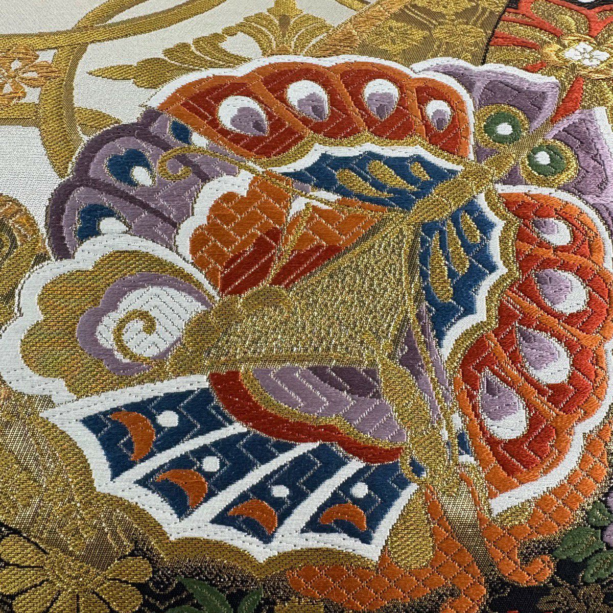 【美品】 袋帶 秀品級 能裳唐彩錦織 振袖禮服禮服用 華紋 蝶 金絲 唐織 黑 六通 純蠶絲