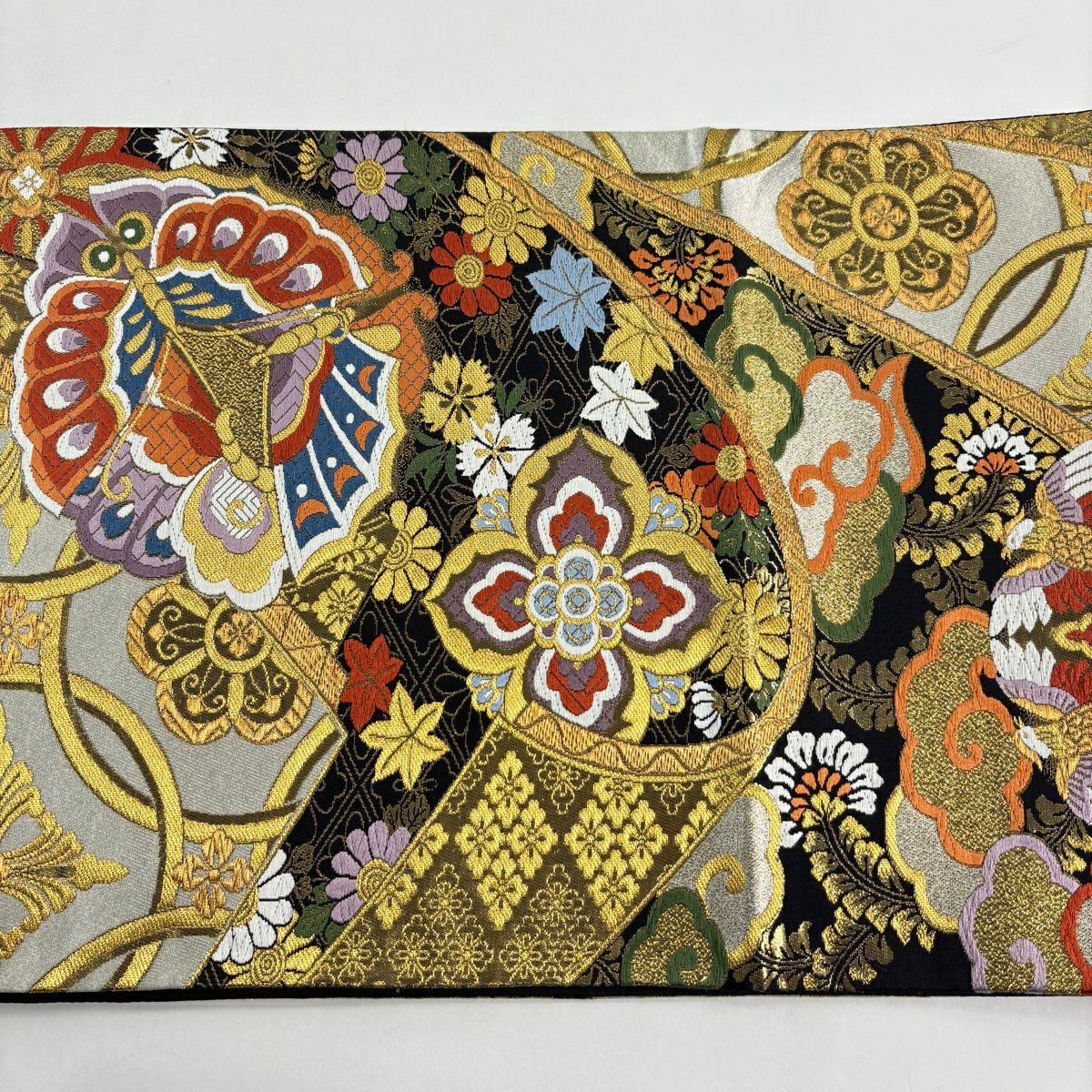 【美品】 袋帶 秀品級 能裳唐彩錦織 振袖禮服禮服用 華紋 蝶 金絲 唐織 黑 六通 純蠶絲