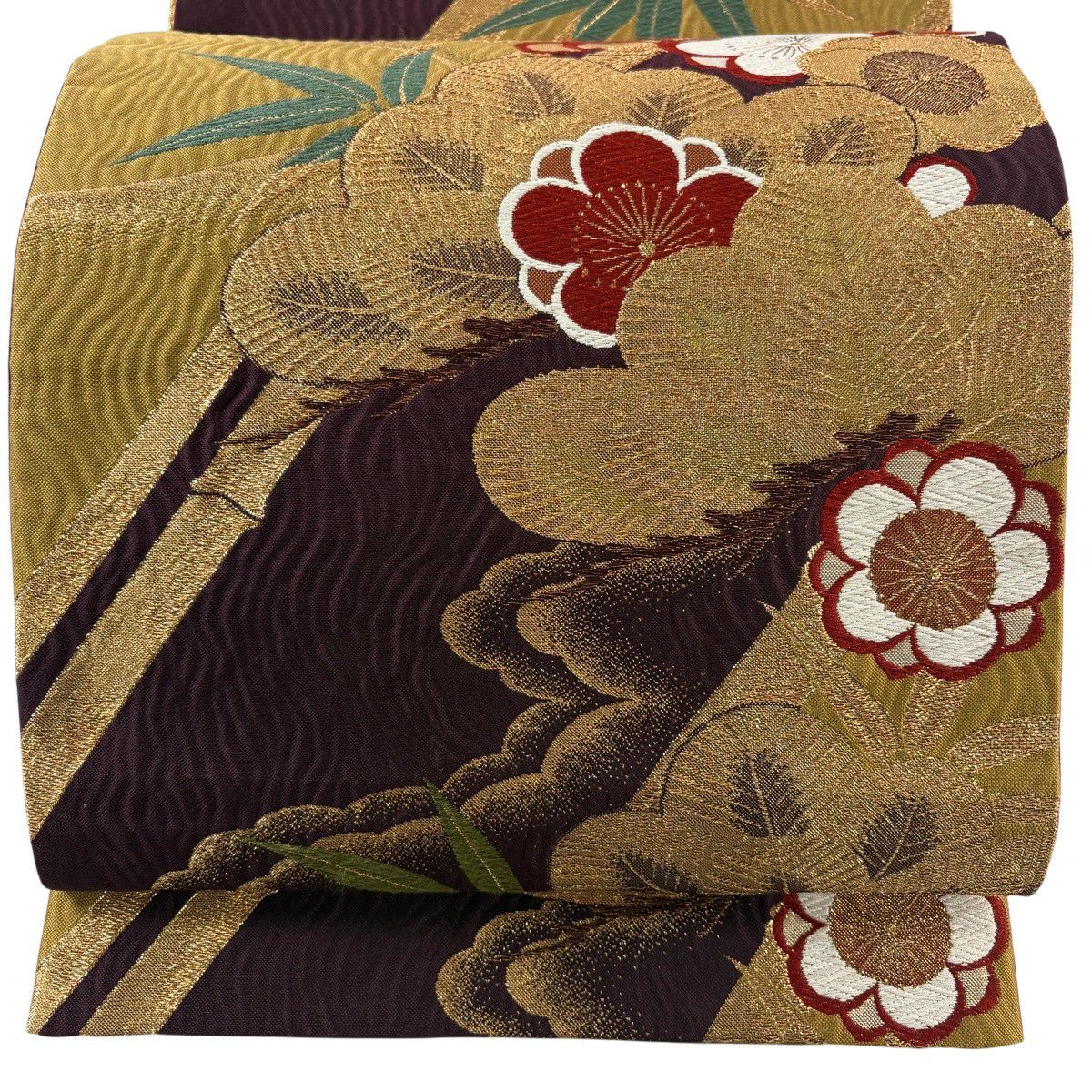 【美品】 袋帶 秀品級 松樹竹子梅花 金糸 金金箔 茶紫 六通 純蠶絲