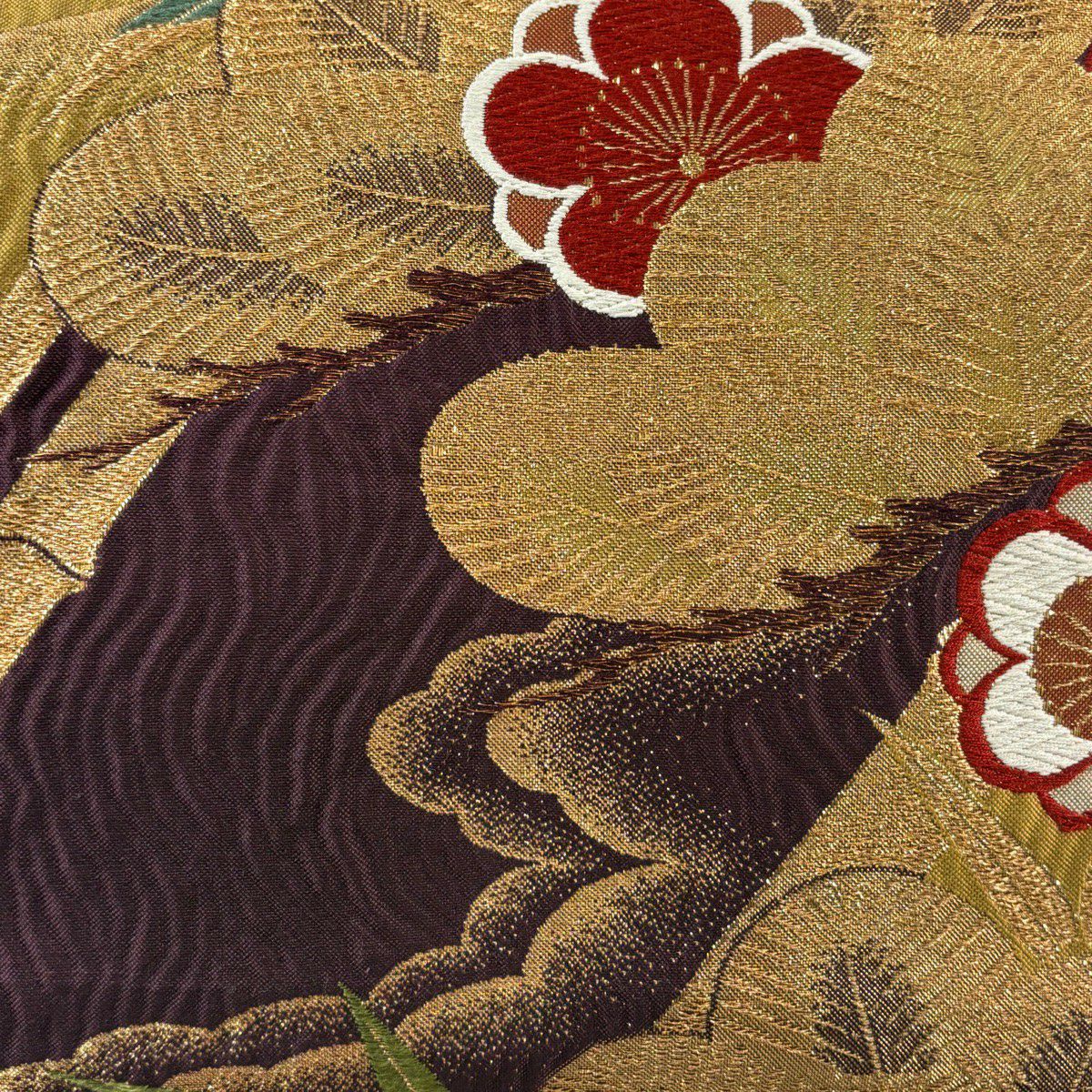【美品】 袋帶 秀品級 松樹竹子梅花 金糸 金金箔 茶紫 六通 純蠶絲