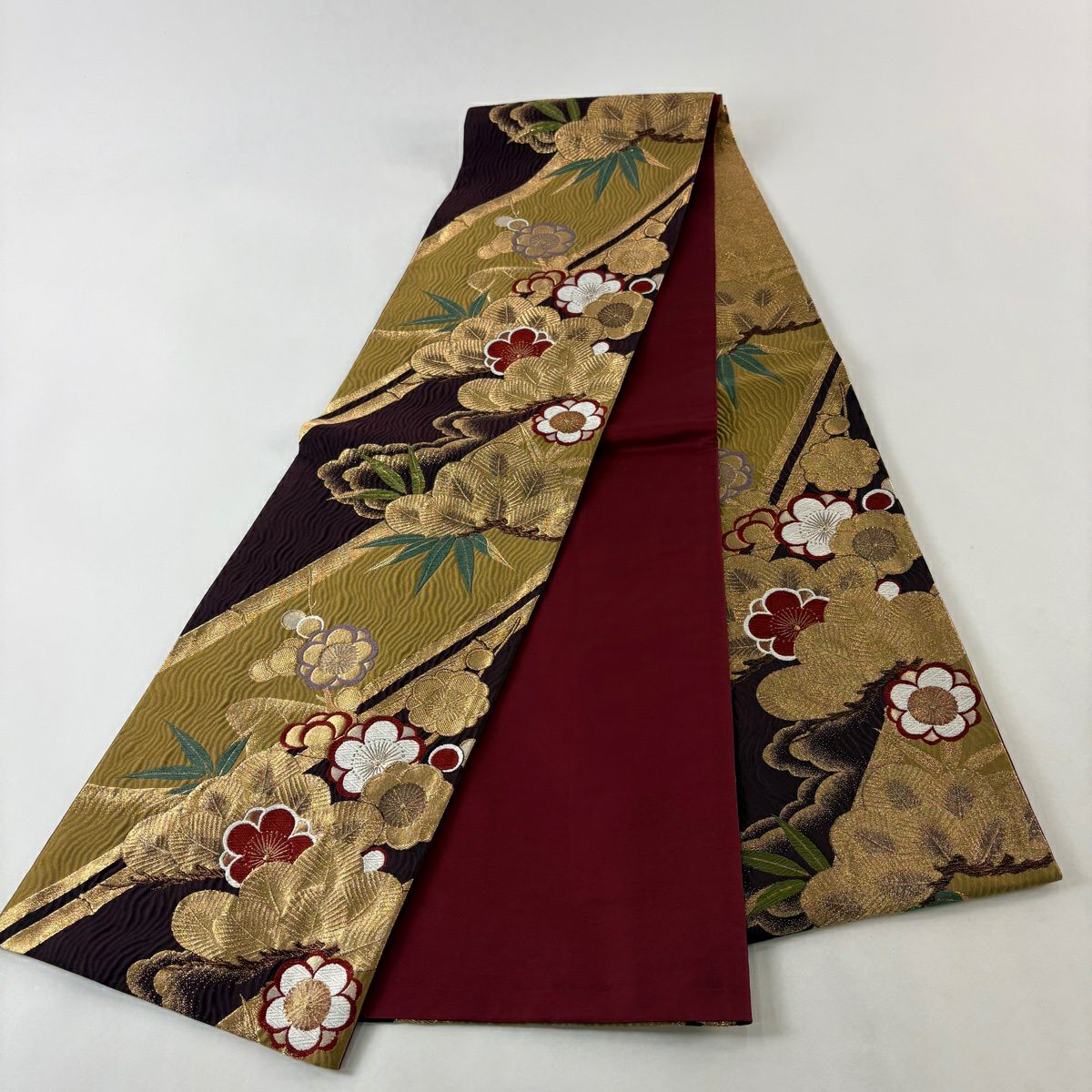 【美品】 袋帶 秀品級 松樹竹子梅花 金糸 金金箔 茶紫 六通 純蠶絲
