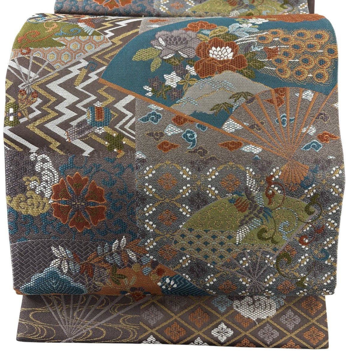 【美品】 袋帶 秀品級 扇子 花鳥 茶 六通 純蠶絲