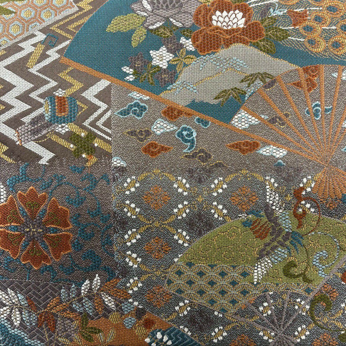 【美品】 袋帶 秀品級 扇子 花鳥 茶 六通 純蠶絲